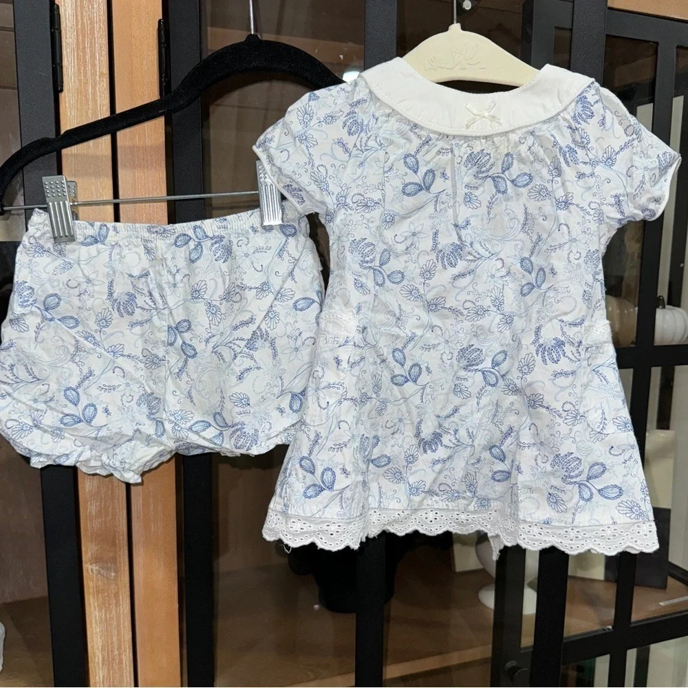 Lullaby Club diaper set baby girl toile print floral bows ruffles eyelet dress
